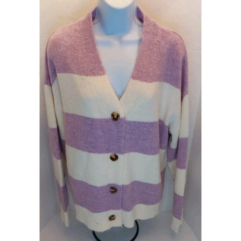 Wynter Cardigan Lavender And Cream Kano Striped XL Boxy Sweater V-neck Soft New